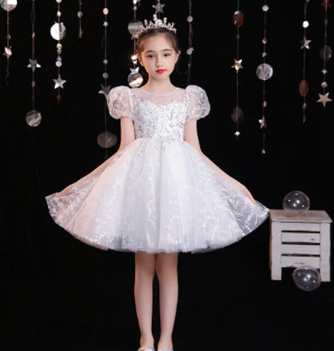 Girls White Flower Sequins Dress